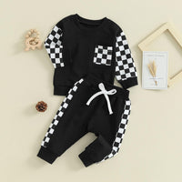Schwarz-weiß kariertes Baby-Set, Langarmshirt und Hose, Baumwolle, Freizeitkleidung.