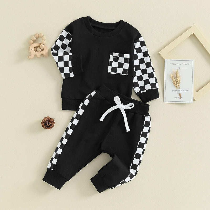 Schwarz-weiß kariertes Baby-Set, Langarmshirt und Hose, Baumwolle, Freizeitkleidung.
