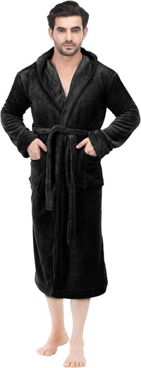 Schwarzer Herren-Bademantel mit Kapuze, Fleece, warm, weich, gemütlich, ideal für Zuhause.