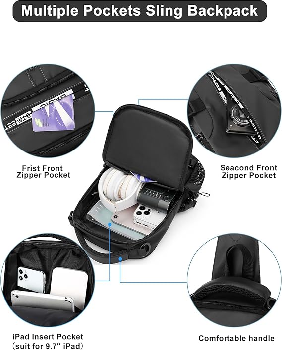 Schwarzer Sling-Rucksack mit mehreren Taschen, ideal für iPad, Handy, Zubehör, Reisen.
