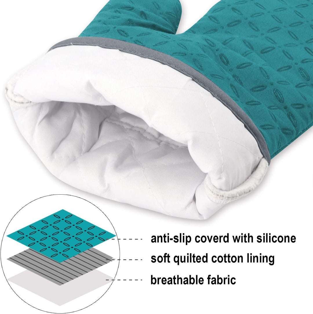 Teal Ofenhandschuh mit rutschfester Silikonbeschichtung und weichem Baumwollfutter.
