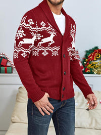 Roter Herren-Weihnachtspullover mit Rentiermuster, Strickjacke, festliche Wintermode.