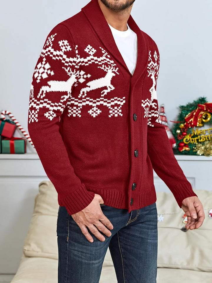 Roter Herren-Weihnachtspullover mit Rentiermuster, Strickjacke, festliche Wintermode.
