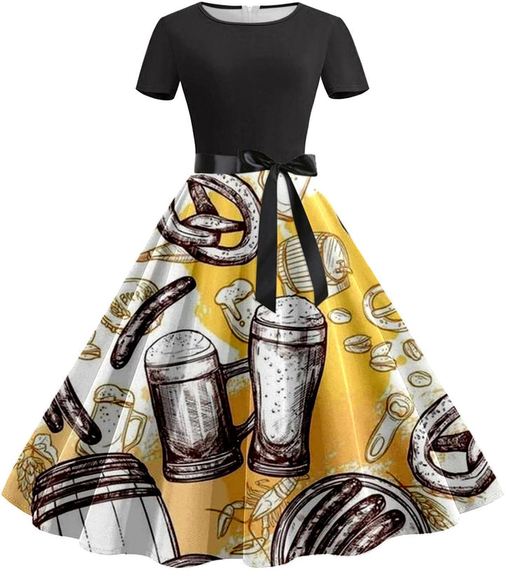 Bierkrug-&-Brezn-Kleid mit Taillenband – Anna Oktoberfest 2025