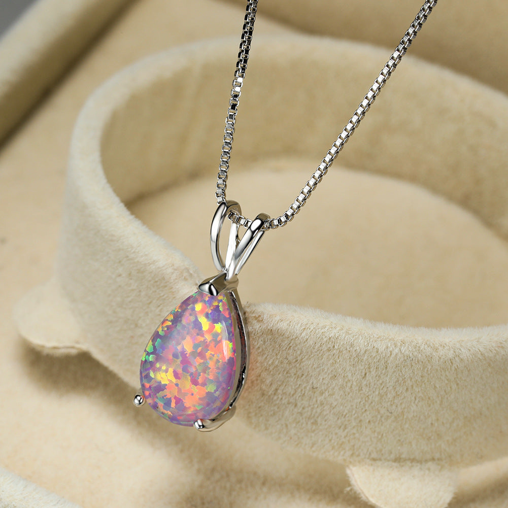 Opal-Anhänger Halskette, Tropfenform, Silberkette, schillernder Edelstein, Schmuck Geschenk.
