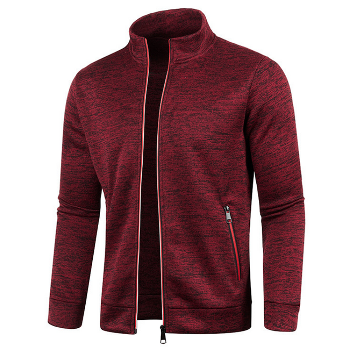 Roter Herren-Hoodie mit Reißverschluss, Stehkragen, Langarm, Baumwolle, modisch, bequem.