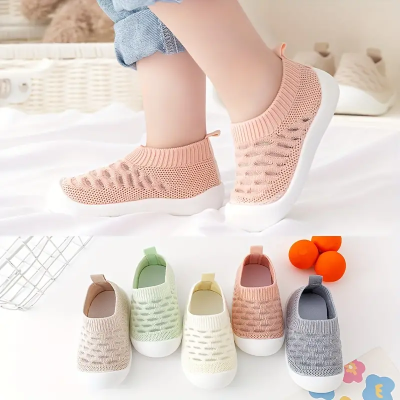 Babyschuhe rutschfest, Strick, rosa, weiß, bequem, modisch, Kleinkind, weiche Sohle, Unisex