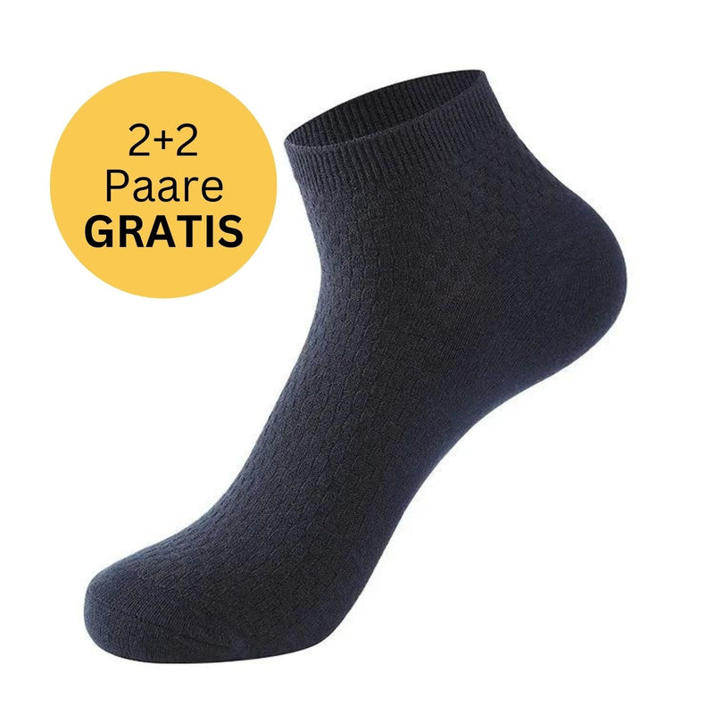 Schwarze Baumwollsocke, knöchelhoch, mit 2+2 Gratis-Angebot, bequem und atmungsaktiv.