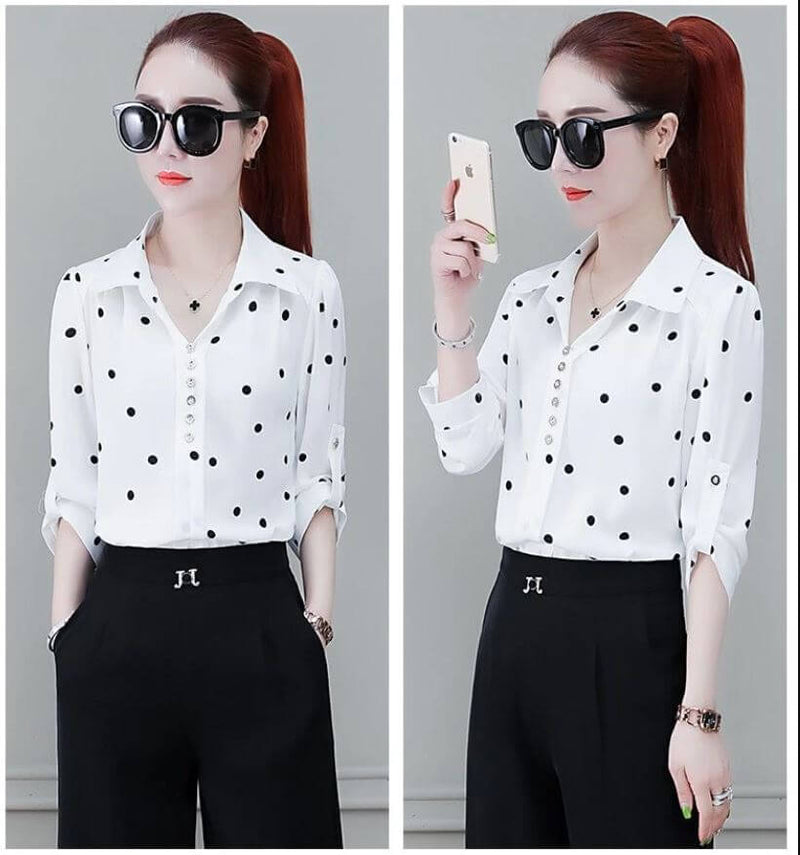 Herbstliche Damen Chiffon Bluse mit Knöpfen & Umschlagkragen – Fenya