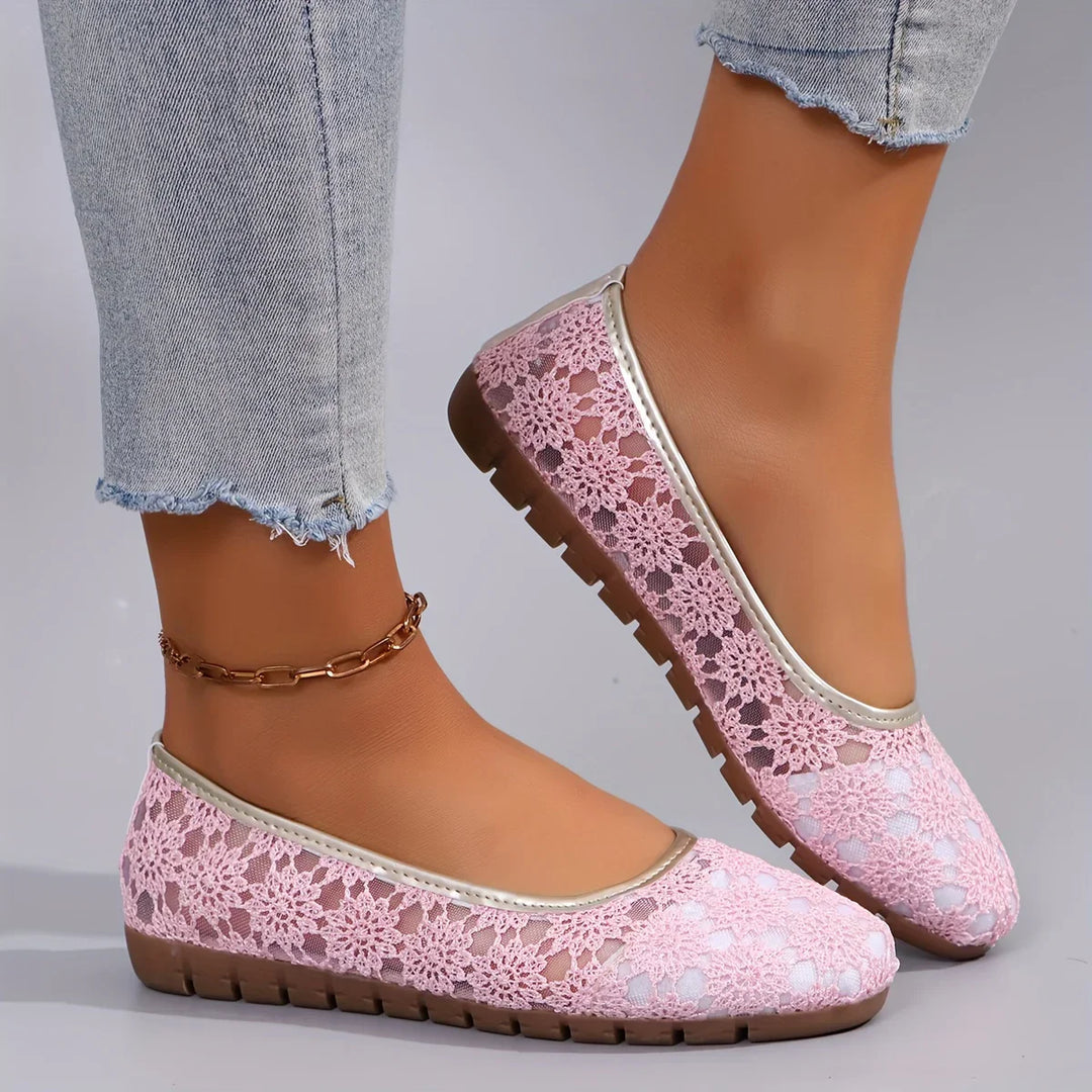 Damen Ballerinas rosa Spitze, flach, bequem, modisch, Freizeit, Sommer, elegante Schuhe.