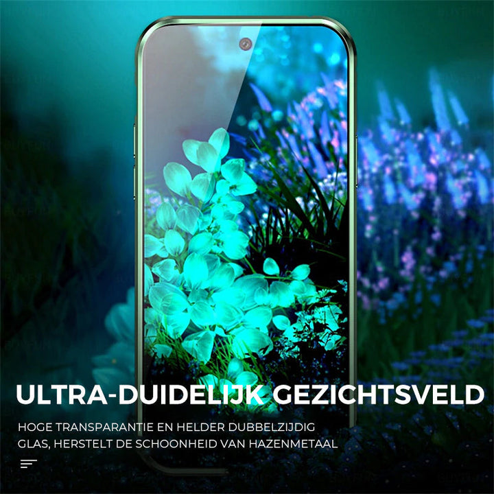 Smartphone mit transparentem Glas, leuchtende Blumen, modernes Design, hohe Klarheit.