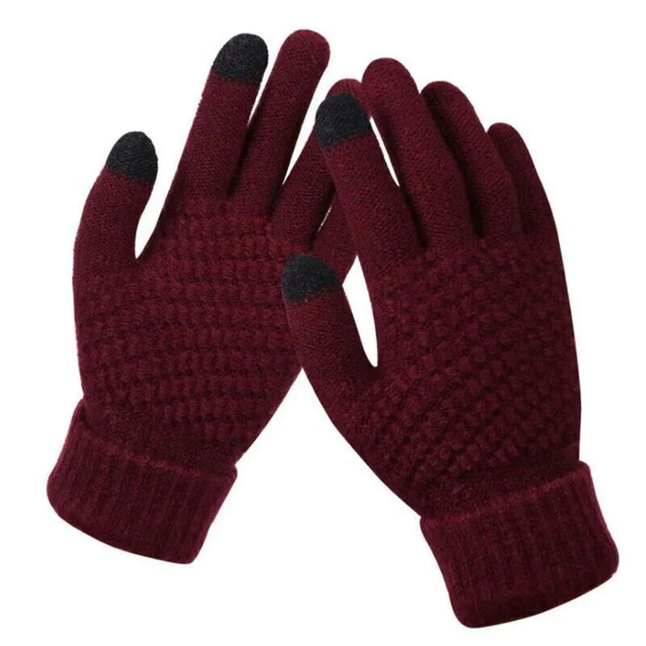 Bordeauxrote Touchscreen-Handschuhe, gestrickt, mit schwarzen Fingerspitzen für Winter.