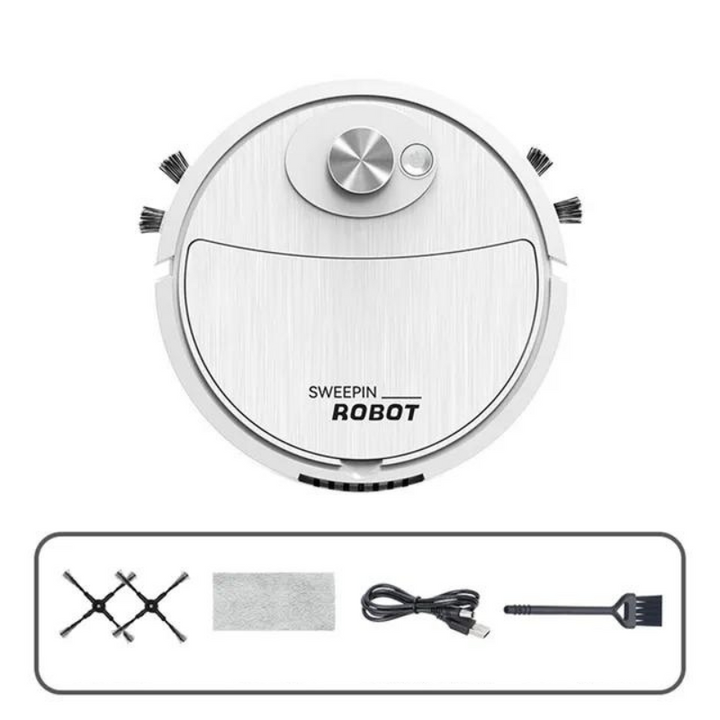 Weißer Saugroboter mit Zubehör, automatischer Staubsauger, Reinigungsroboter, effizient, modern.