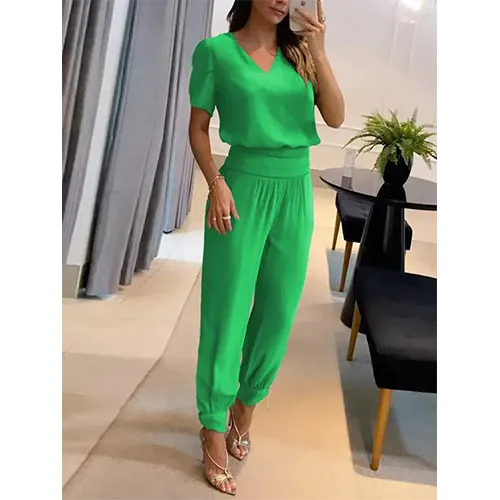 Trendiger Damen Jumpsuit mit Kurzarm & weitem Bein – Alina
