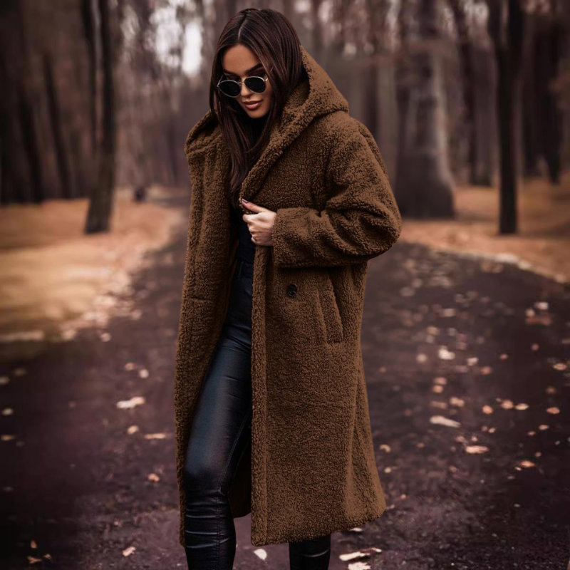 Langer Damen Teddy Mantel mit Kapuze – Maren