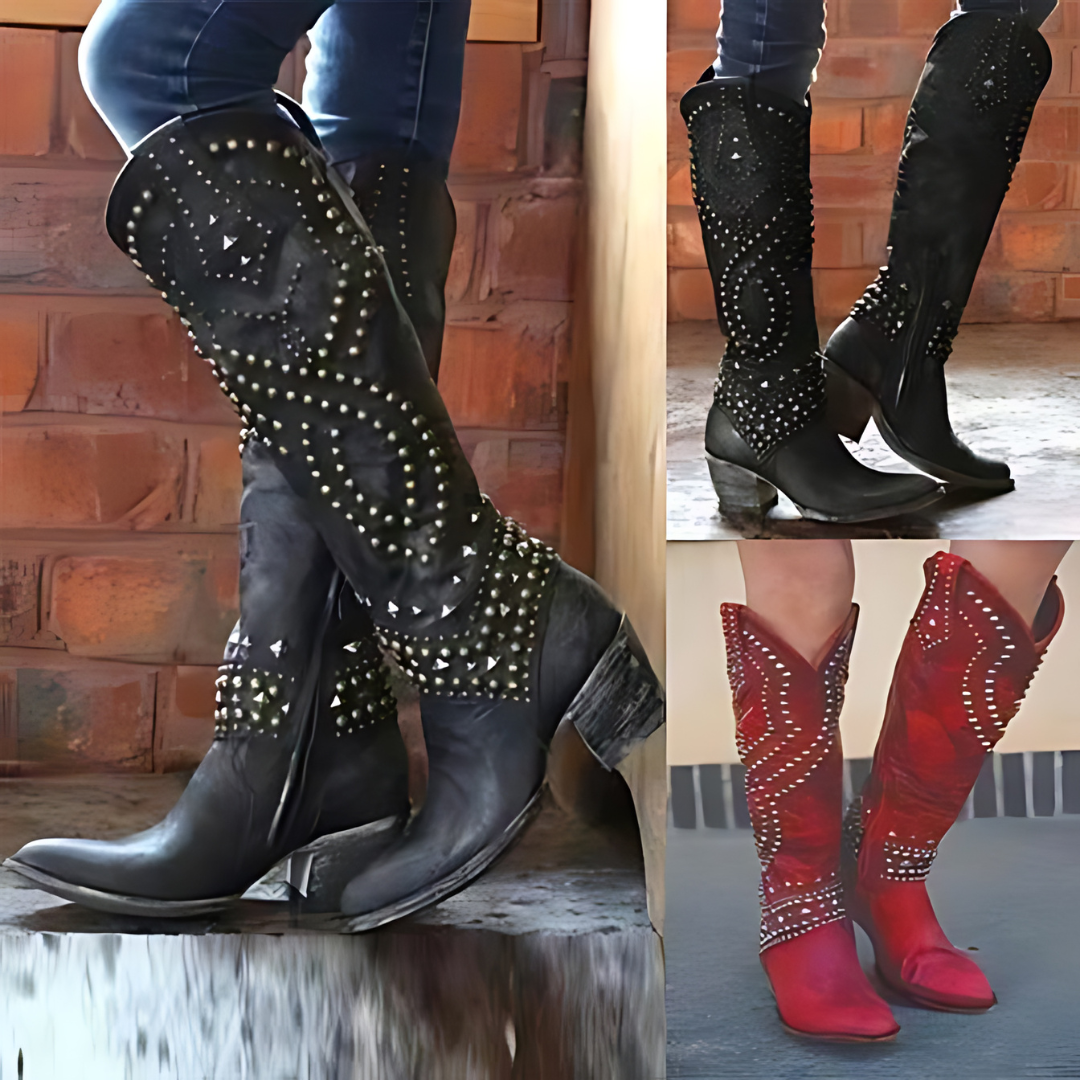 Schwarze und rote Cowboystiefel mit Nieten, Damenmode, Leder, Westernstil, kniehoch.