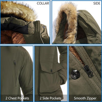 Grüne Winterjacke mit Kapuze, Kunstfell, Reißverschluss, 4 Taschen, Herrenmode, warm, funktional.