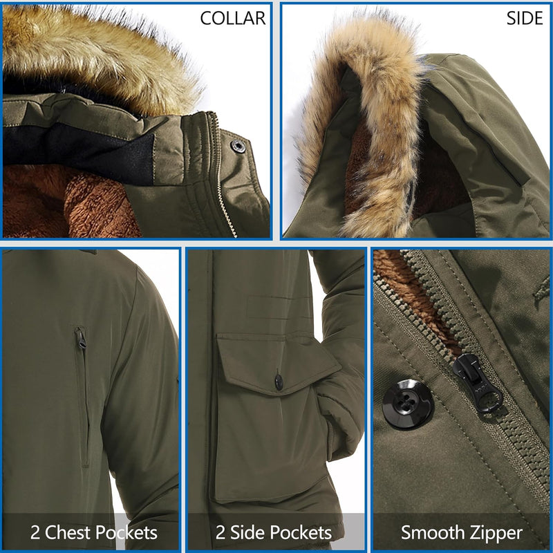 Grüne Winterjacke mit Kapuze, Kunstfell, Reißverschluss, 4 Taschen, Herrenmode, warm, funktional.