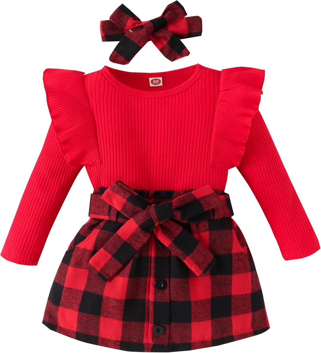 Rotes Baby-Kleid mit Rüschen, kariertem Rock und passendem Stirnband, Baumwolle, festlich.