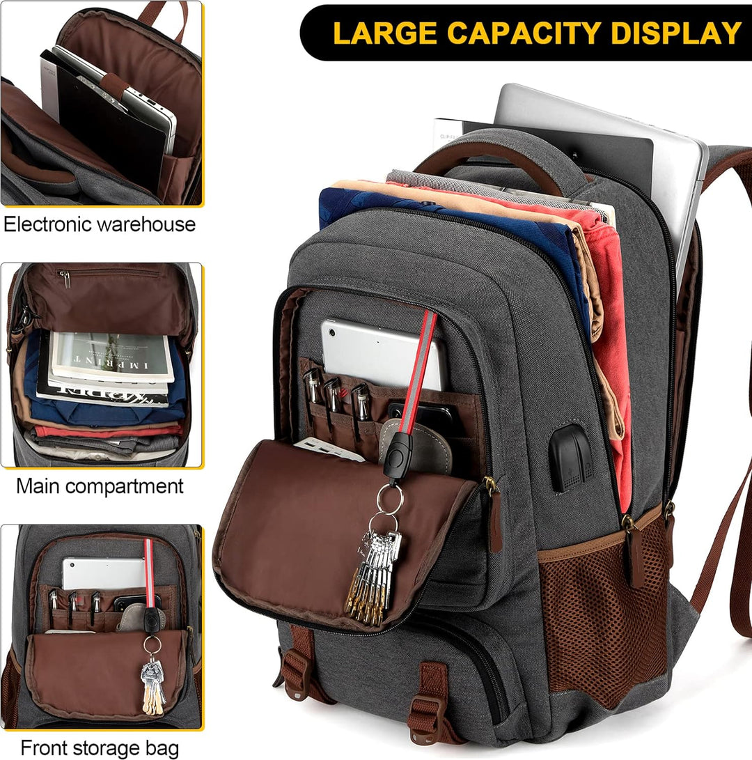 Anti-Diebstahl Canvas Laptop- und Reiserucksack mit USB-Anschluss – Geeignet für Laptops bis 43,94 cm