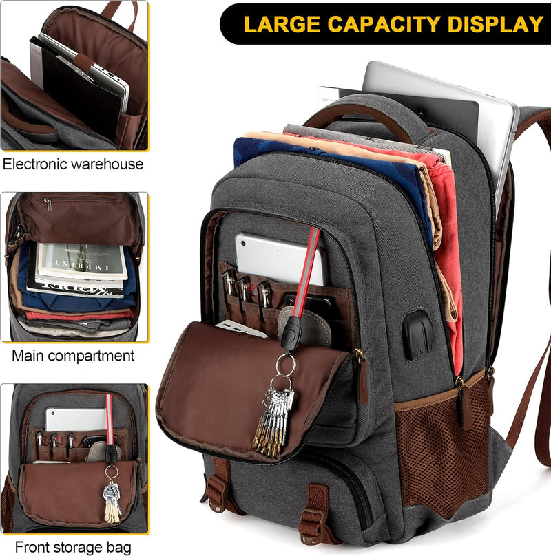 Anti-Diebstahl Canvas Laptop- und Reiserucksack mit USB-Anschluss – Geeignet für Laptops bis 43,94 cm