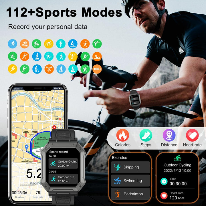 Smartwatch mit 112 Sportmodi, GPS, Herzfrequenzmesser, Schwarz, Fitness-Tracking, Radfahren.