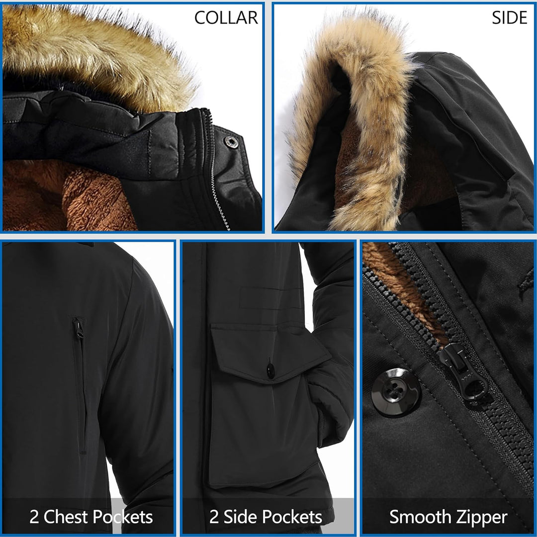 Schwarze Winterjacke mit Kunstfellkapuze, glattem Reißverschluss, 2 Brust- und Seitentaschen.