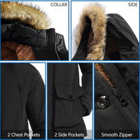 Schwarze Winterjacke mit Kunstfellkapuze, glattem Reißverschluss, 2 Brust- und Seitentaschen.