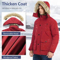 Rote Winterjacke mit abnehmbarer Kapuze, winddichtem Stoff, Herrenmode, Outdoor-Bekleidung.
