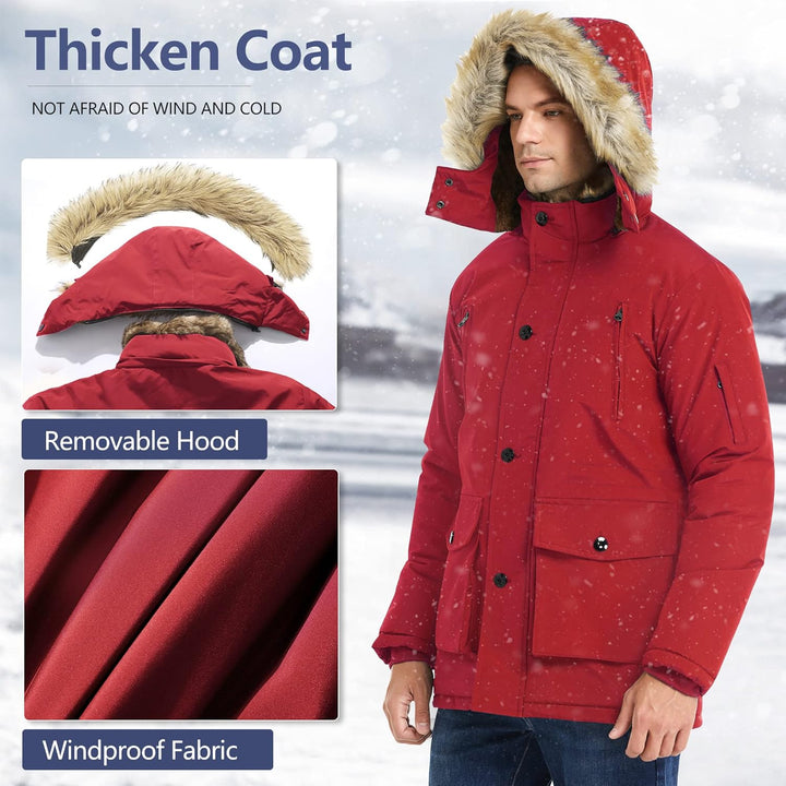 Rote Winterjacke mit abnehmbarer Kapuze, winddichtem Stoff, Herrenmode, Outdoor-Bekleidung.