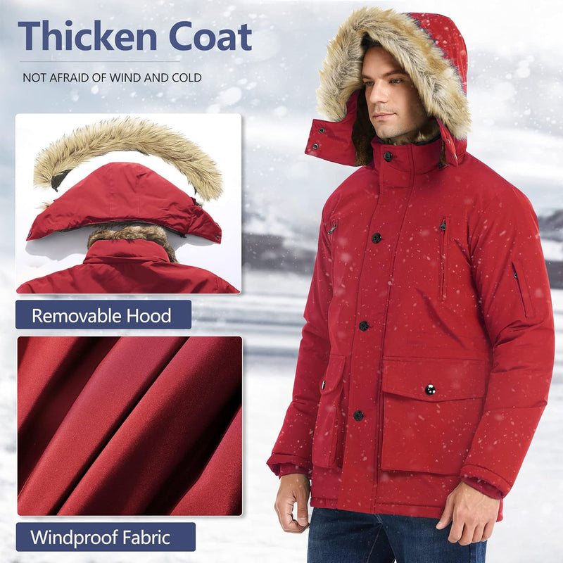 Rote Winterjacke mit abnehmbarer Kapuze, winddichtem Stoff, Herrenmode, Outdoor-Bekleidung.