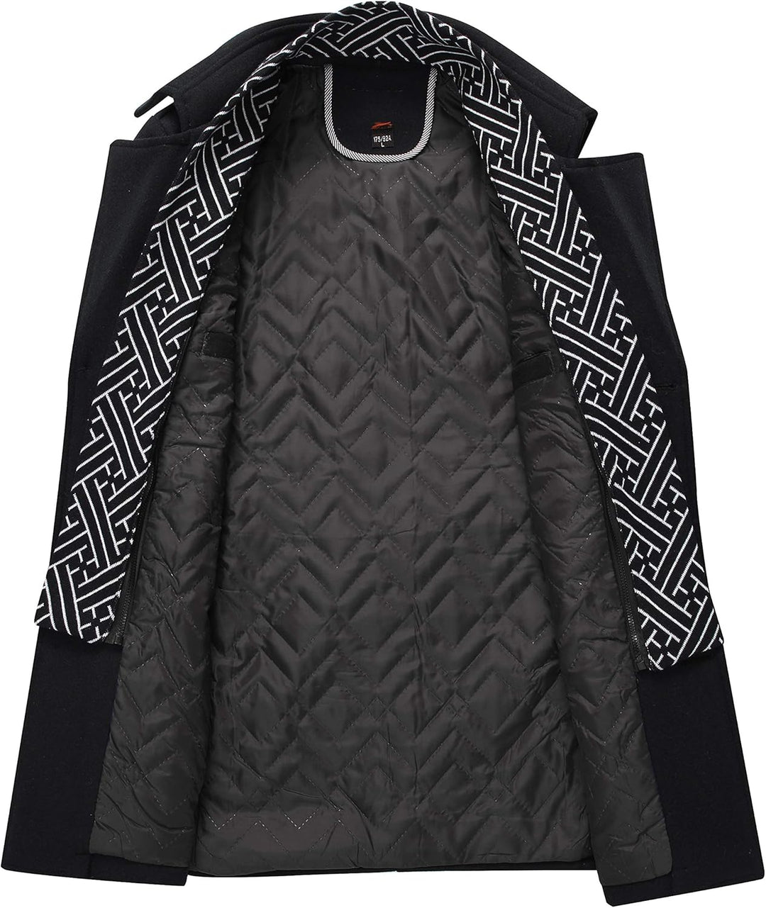 Schwarzer Herrenmantel mit geometrischem Innenfutter, elegantes Design, Wintermode.