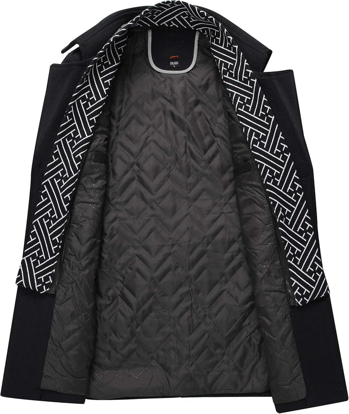 Schwarzer Herrenmantel mit geometrischem Innenfutter, elegantes Design, Wintermode.