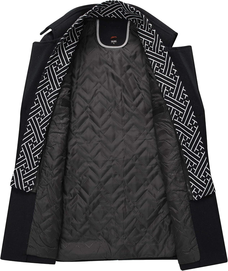 Schwarzer Herrenmantel mit geometrischem Innenfutter, elegantes Design, Wintermode.