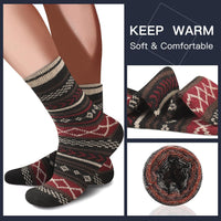 Warme Wollsocken, rot-schwarz gemustert, weich, bequem, ideal für kalte Wintertage.