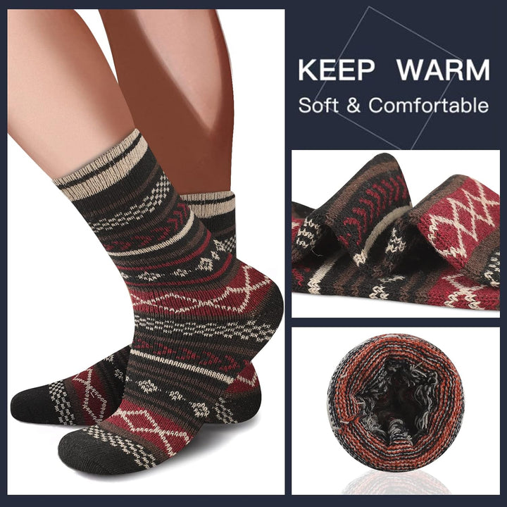 Warme Wollsocken, rot-schwarz gemustert, weich, bequem, ideal für kalte Wintertage.