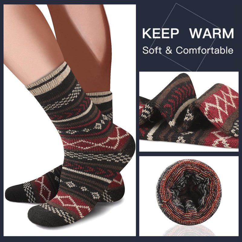 Warme Wollsocken, rot-schwarz gemustert, weich, bequem, ideal für kalte Wintertage.