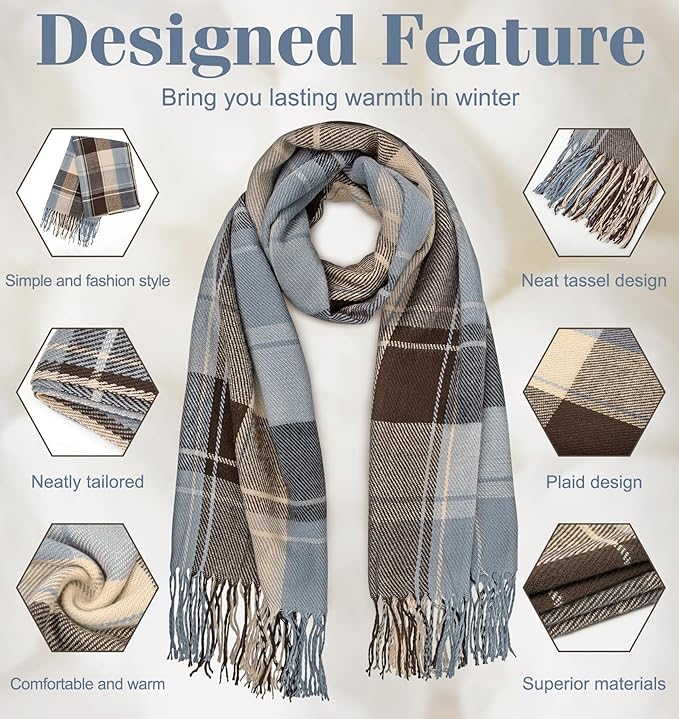 Grauer karierten Schal mit Fransen, weiches Material, modisches Design, ideal für Winter.