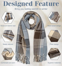 Grauer karierten Schal mit Fransen, weiches Material, modisches Design, ideal für Winter.