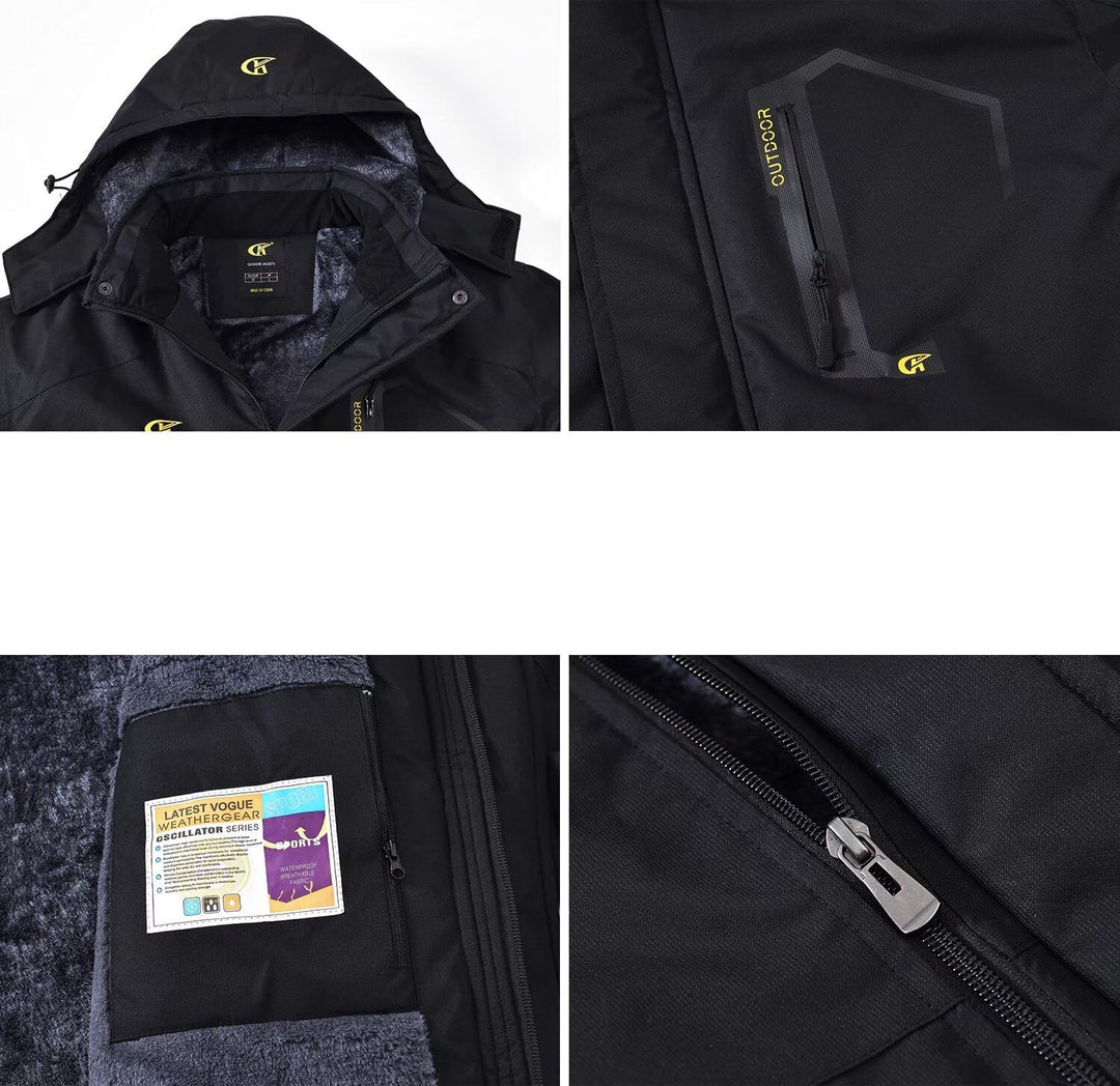 Schwarze Outdoorjacke mit Kapuze, Reißverschluss, wasserdicht, winddicht, Herrenbekleidung.