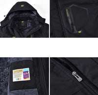 Schwarze Outdoorjacke mit Kapuze, Reißverschluss, wasserdicht, winddicht, Herrenbekleidung.