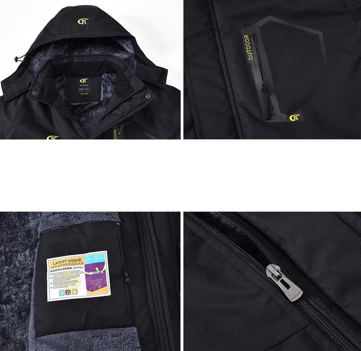 Schwarze Outdoorjacke mit Kapuze, Reißverschluss, wasserdicht, winddicht, Herrenbekleidung.