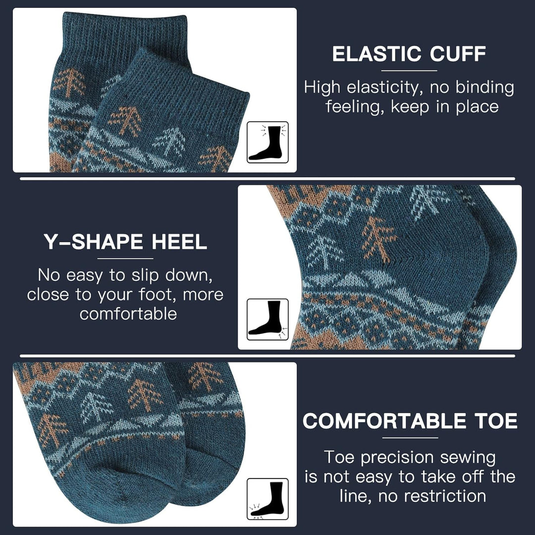 Blaue Wollsocken mit elastischem Bündchen, Y-Ferse, bequemem Zeh, Winterdesign.