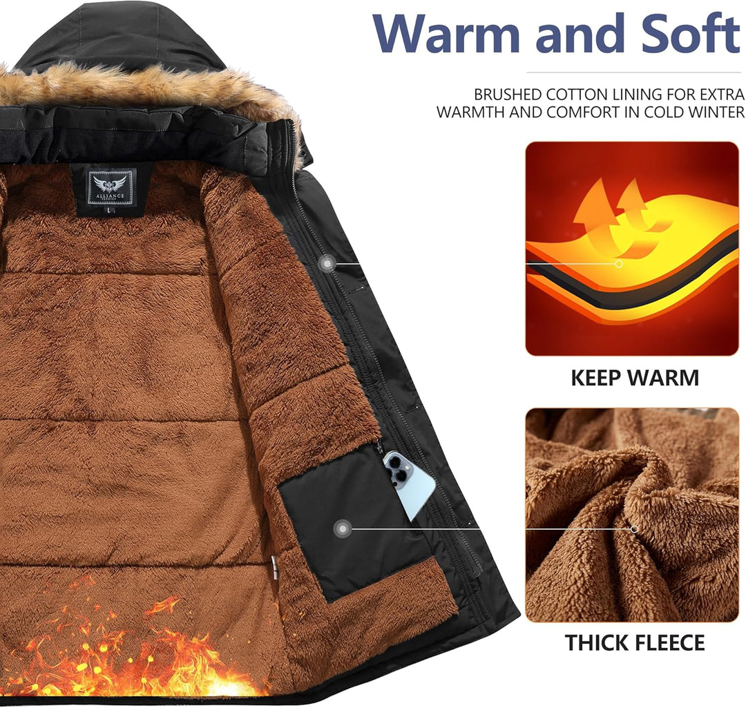 Schwarze Winterjacke mit braunem Fleecefutter, Kapuze und Handyfach, warm und weich.