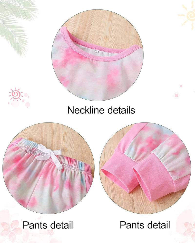 Rosa Kinder-Pyjama-Set, Batikmuster, Baumwolle, Detailansicht von Kragen, Hose, Ärmel.