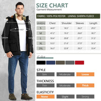 Größentabelle für Herrenjacke, schwarz, Polyester, Sherpa-Fleece, verschiedene Größen.