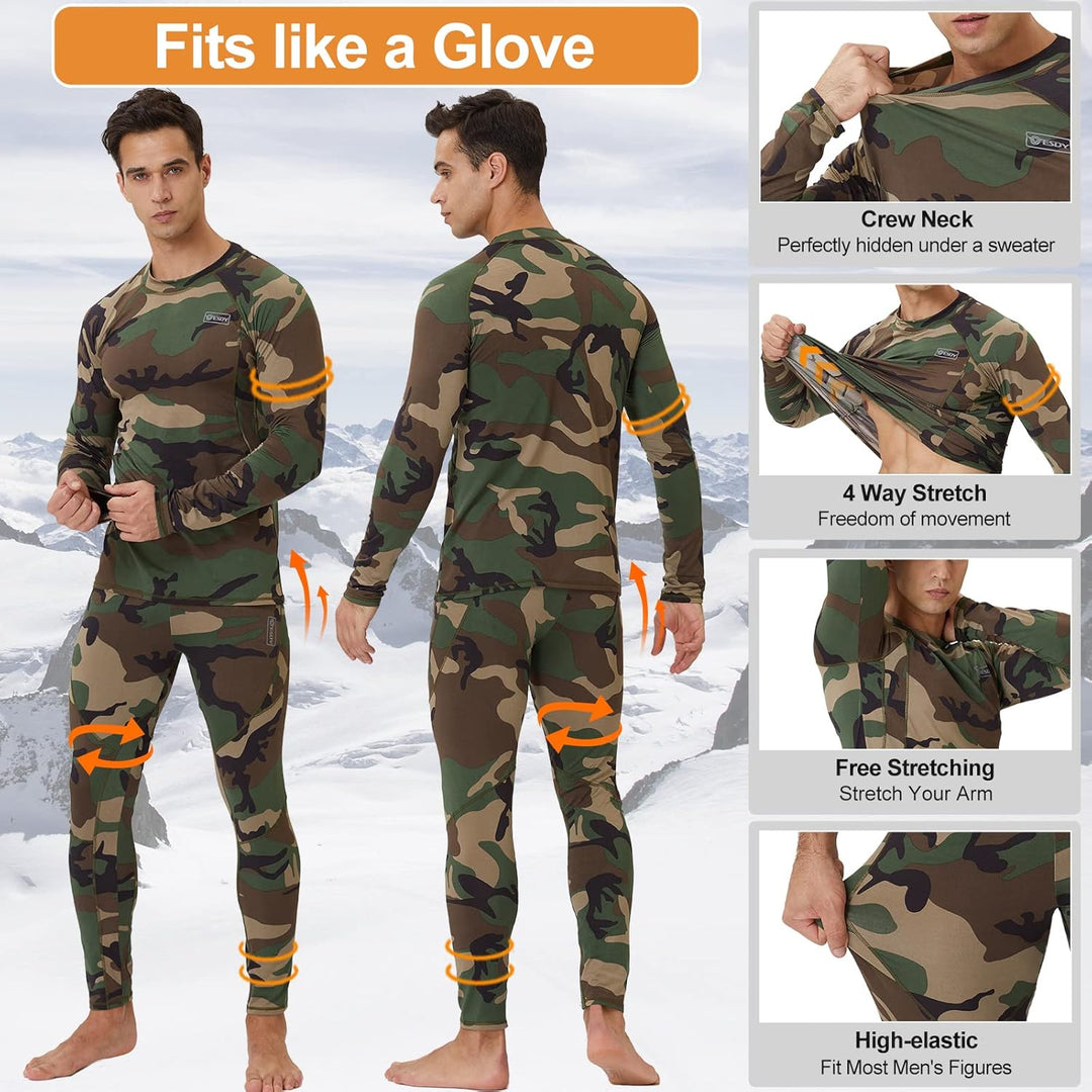 Herren Thermounterwäsche Set, Camouflage, langärmelig, atmungsaktiv, dehnbar, Outdoor-Aktivitäten.
