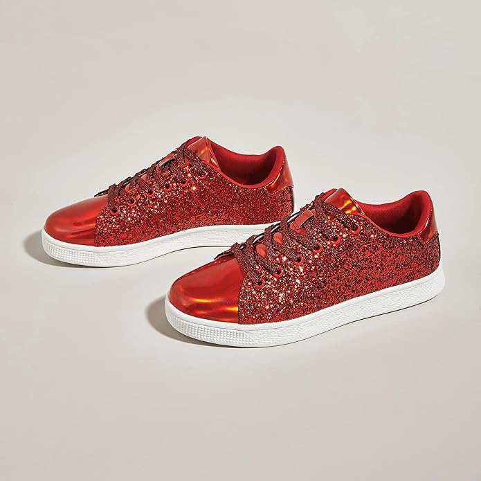 Rote Glitzersneaker, Damen, glänzend, modisch, Freizeitschuh, weißer Gummisohle.