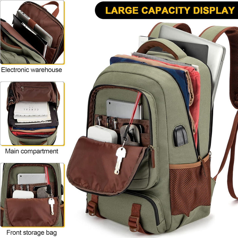 Anti-Diebstahl Canvas Laptop- und Reiserucksack mit USB-Anschluss – Geeignet für Laptops bis 43,94 cm