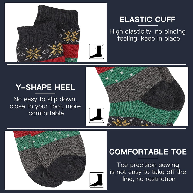 Dunkelgraue Wintersocken mit elastischem Bündchen, Y-Ferse, bequemer Zehenpartie, Schneeflockenmuster.